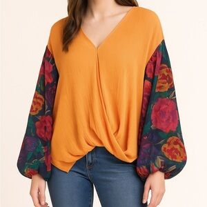Umgee Blouse Size S Orange Multicolor Floral Ballon Sleeve Oversized Boho